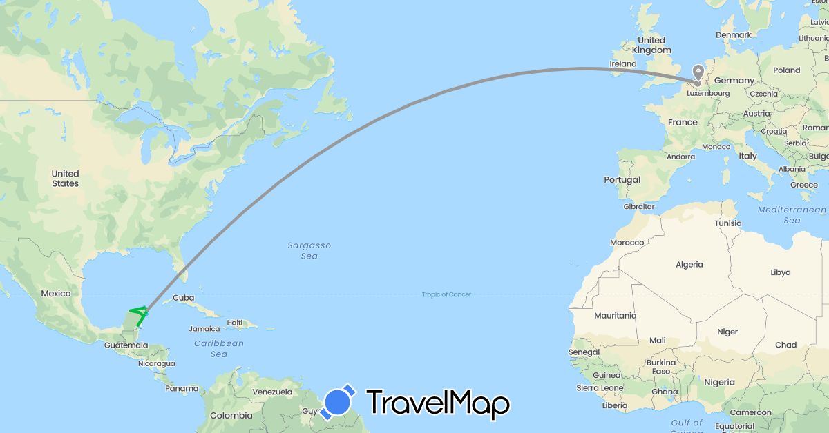 TravelMap itinerary: driving, bus, plane, boat in Belgium, Mexico (Europe, North America)